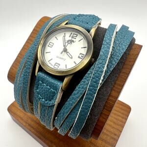 Blue Wrap Bracelet Quartz Watch Bronze Tone Case Elephant Dial Japan Movt